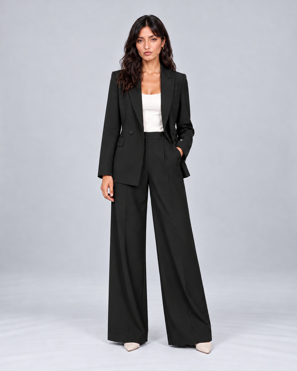 Women's Tailored Two-Piece Trouser Suit with Double-Breasted Blazer and Wide-Leg Trousers – Jasmine, Black, full-length outfit, Urban Devyne studio; refined soft chin lighting