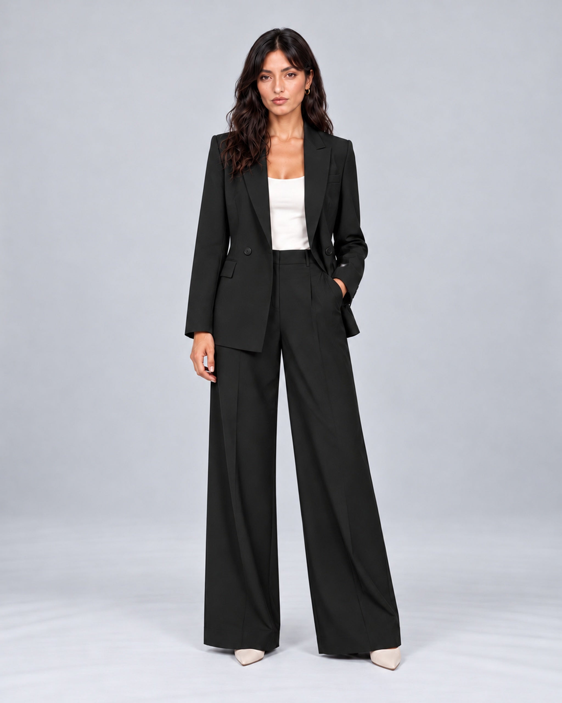 Women's Tailored Two-Piece Trouser Suit with Double-Breasted Blazer and Wide-Leg Trousers – Jasmine, Black, full-length outfit, Urban Devyne studio; refined soft chin lighting