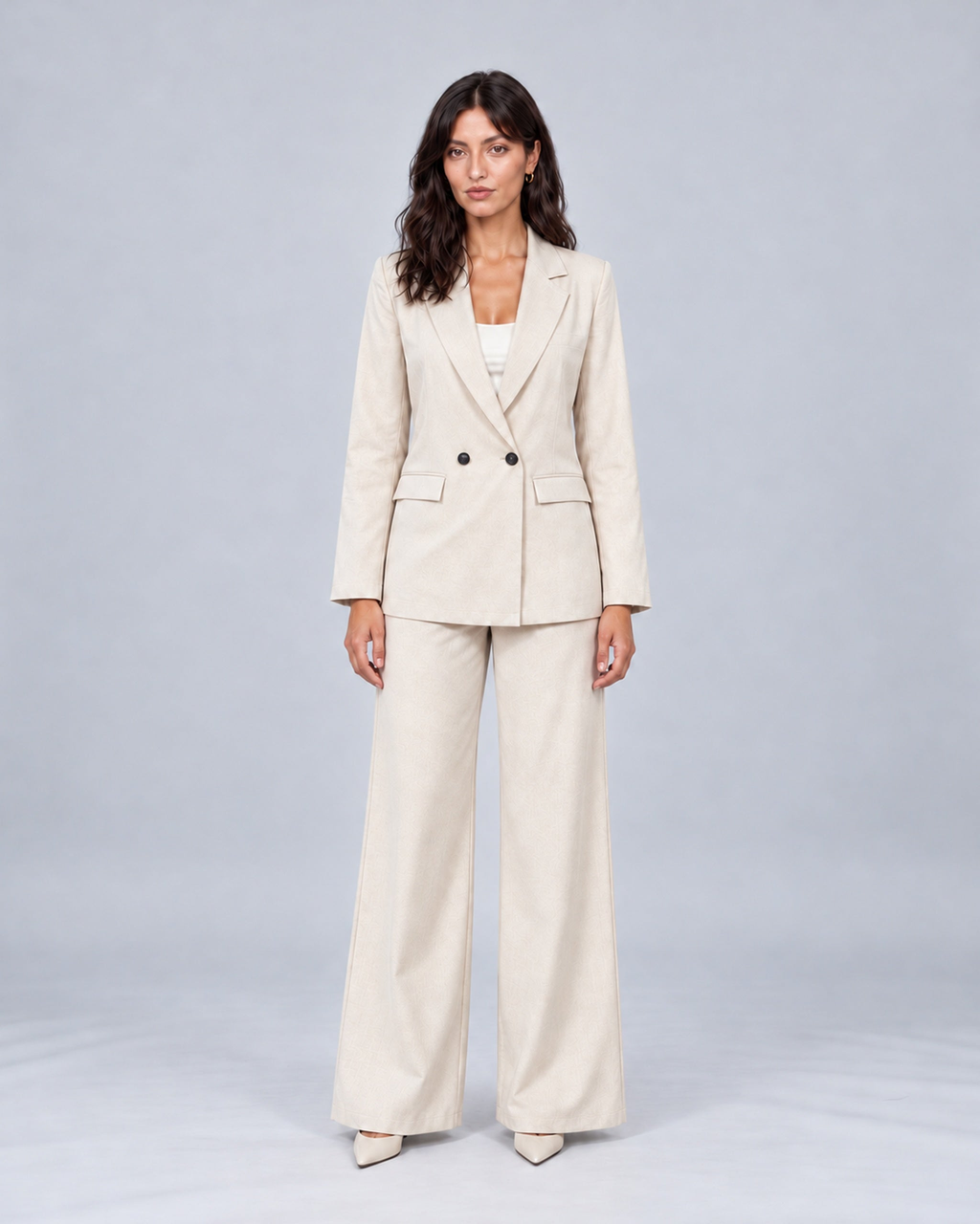 Women's Tailored Two-Piece Trouser Suit with Double-Breasted Blazer and Wide-Leg Trousers – Jasmine, Beige, full-length outfit, Urban Devyne studio; refined soft chin lighting