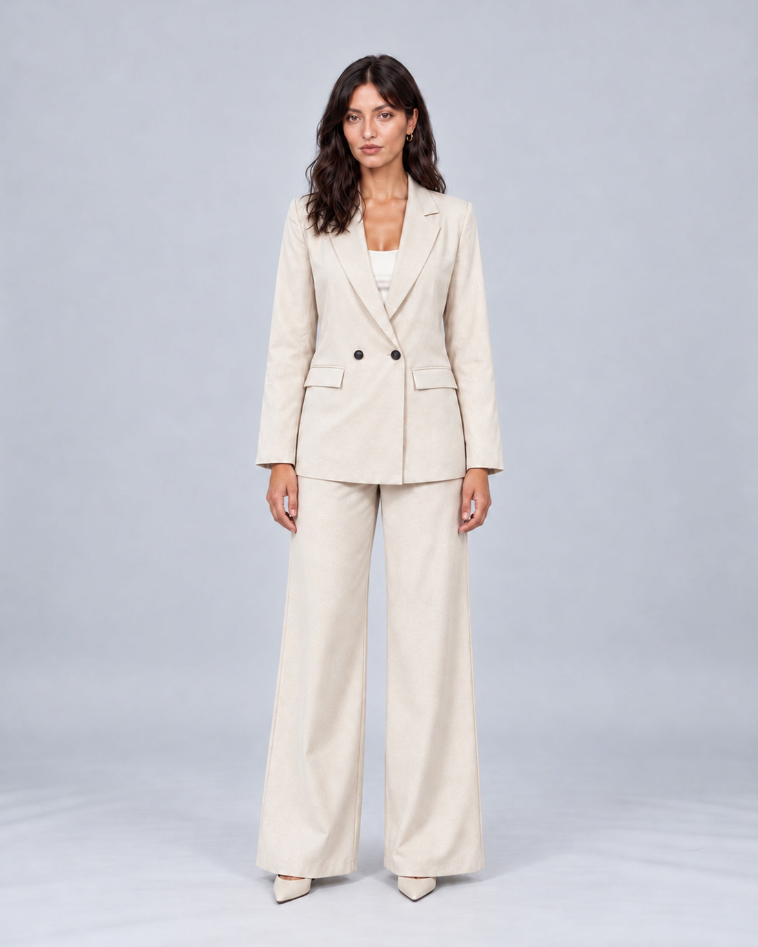 Women's Tailored Two-Piece Trouser Suit with Double-Breasted Blazer and Wide-Leg Trousers – Jasmine, Beige, full-length outfit, Urban Devyne studio; refined soft chin lighting