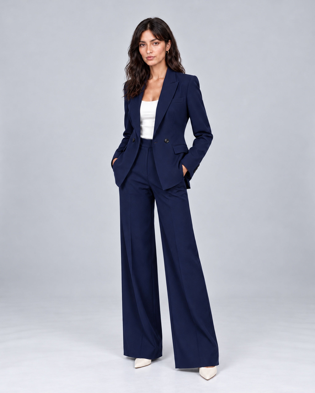 Women's Tailored Two-Piece Trouser Suit with Double-Breasted Blazer and Wide-Leg Trousers – Jasmine, Navy, full-length outfit, Urban Devyne studio; refined soft chin lighting