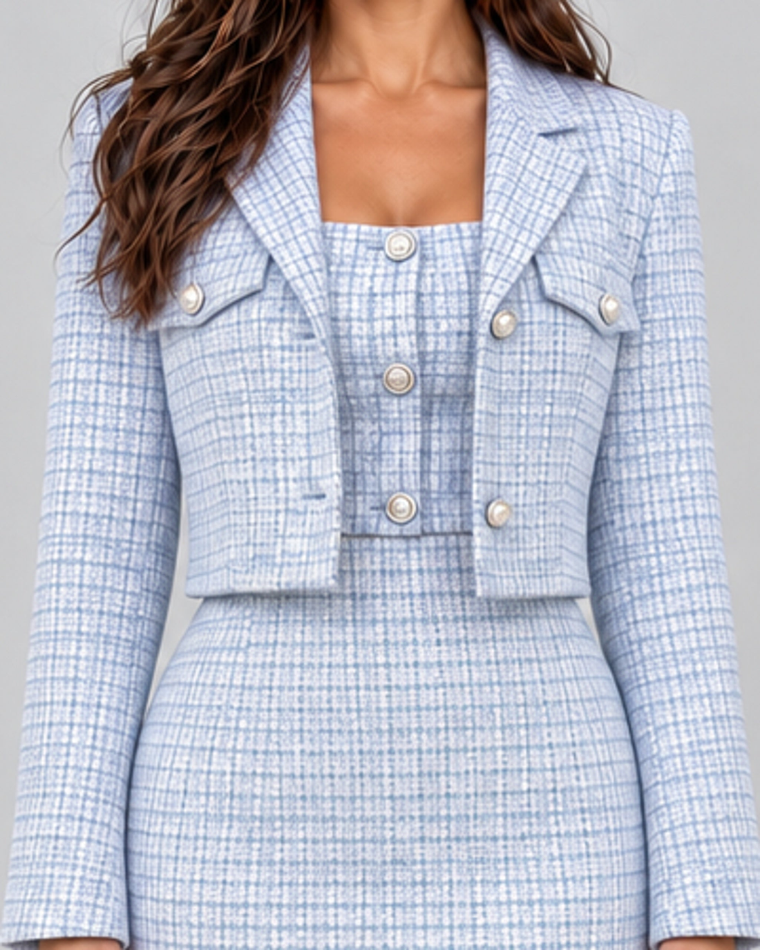 Women's Tweed Midi Dress and Cropped Blazer Two-Piece Outfit Set with Square Neckline – Andrea, Light Blue, detail cropped from updated model photo, Urban Devyne studio