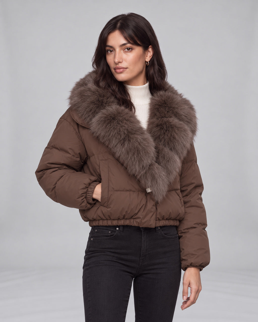 Women’s brown cropped puffer jacket with fox fur-lined hood — right pocket view on Jasmine