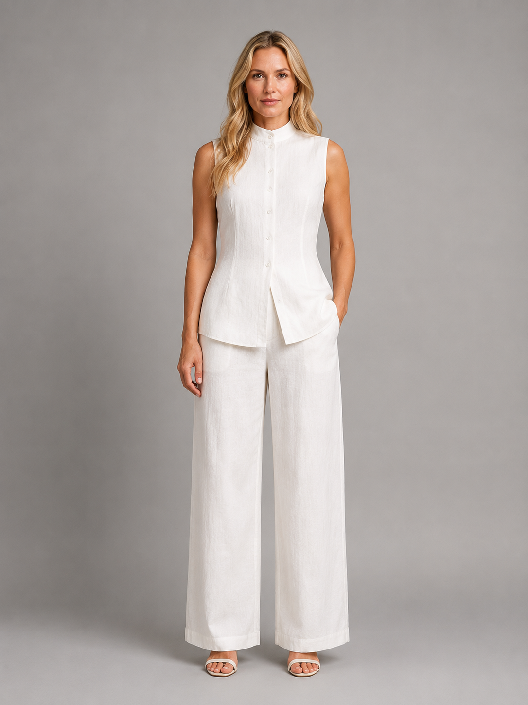 Woman wearing white sleeveless button-up shirt and high-waisted wide-leg linen trousers, styled as coordinating set