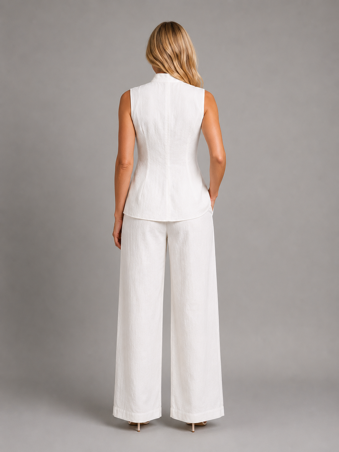 Woman wearing white sleeveless button-up top and wide-leg trousers co-ord set, back view