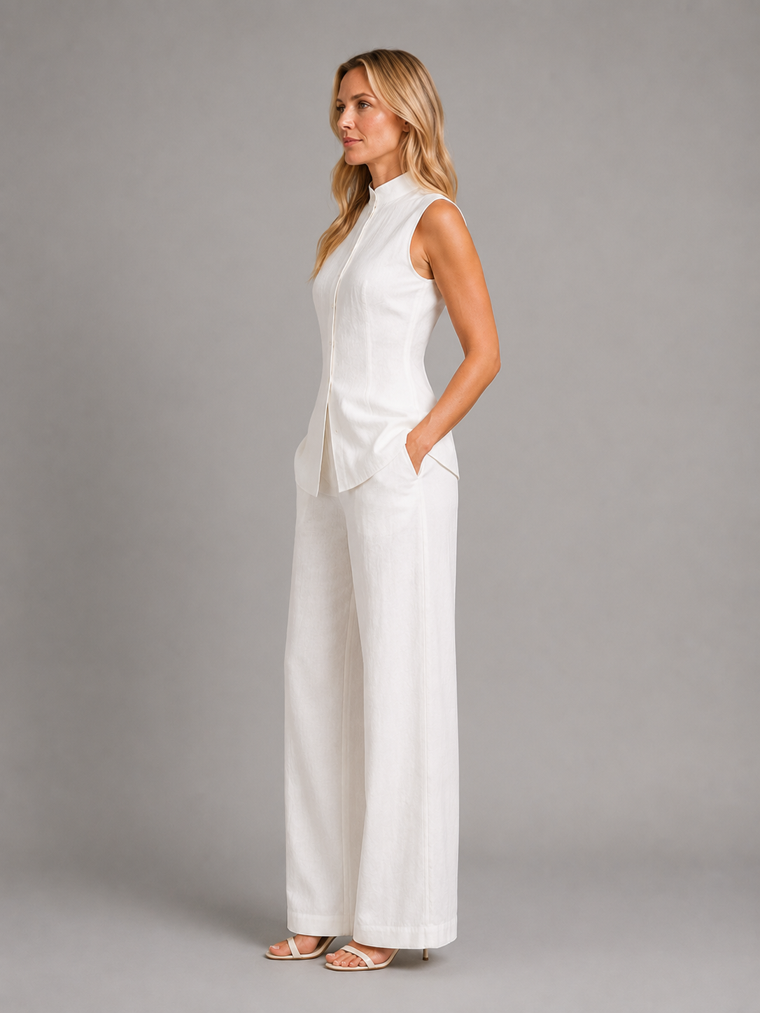 Woman wearing white sleeveless button-up top and high-waisted wide-leg trousers with hand pockets, styled with tan sandals