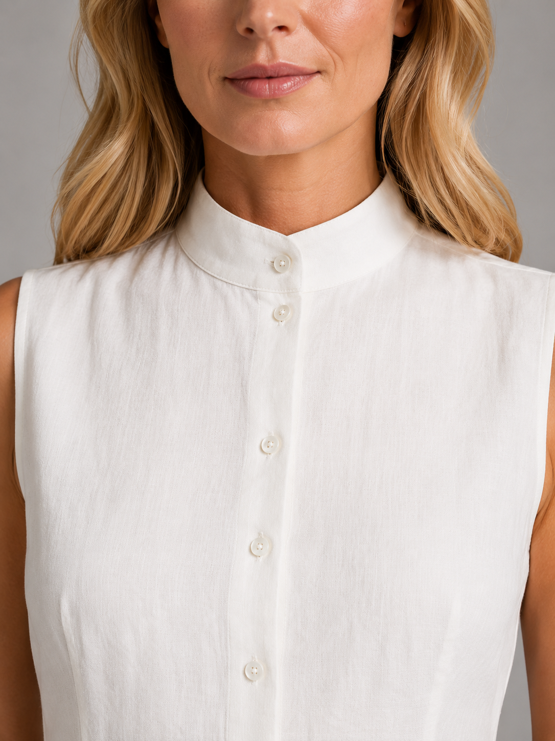 Woman wearing white sleeveless button-up top with mandarin collar and white wide-leg trousers co-ord set