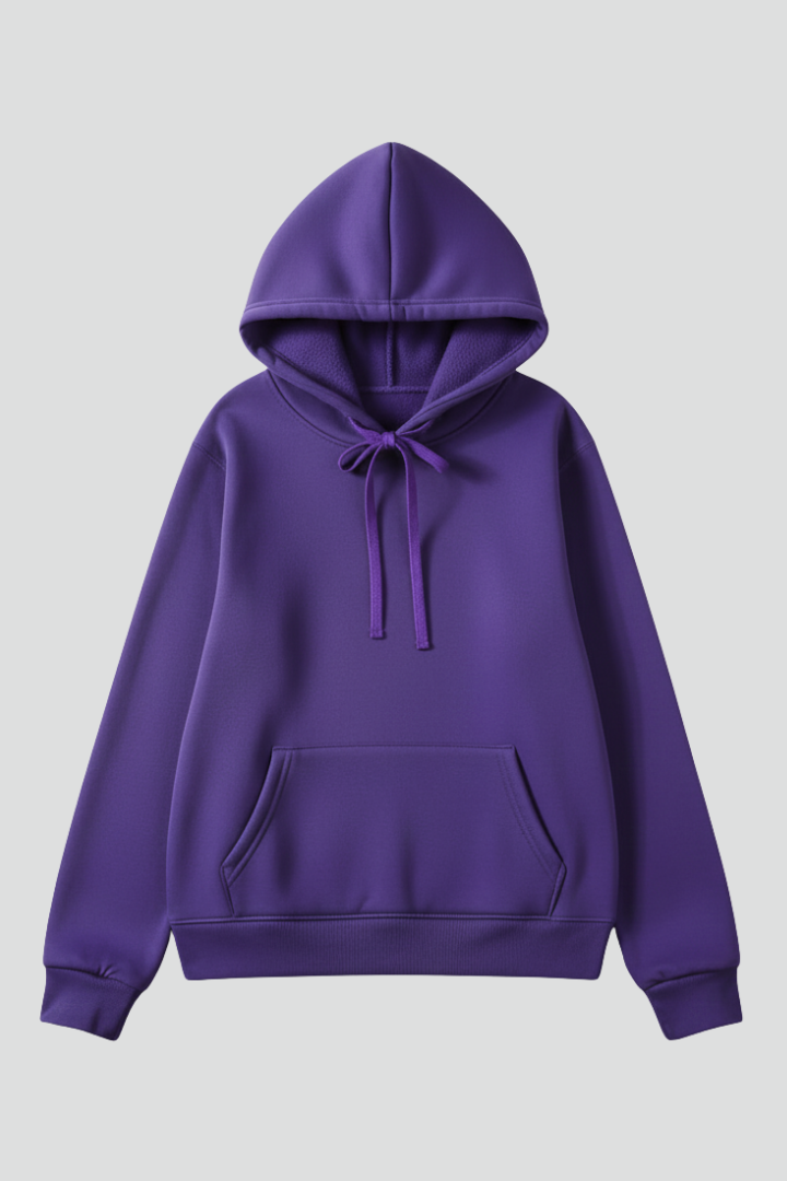 Purple women's hoodie with adjustable drawstring hood, front kangaroo pocket, and ribbed hem displayed on neutral background