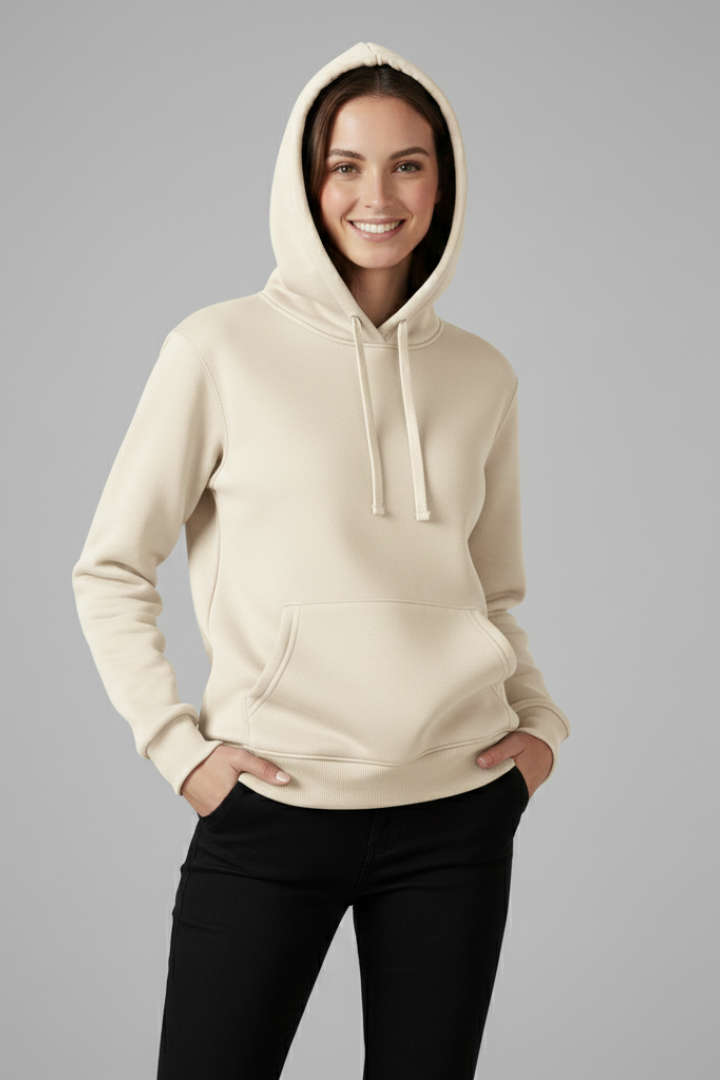 Woman wearing cream-colored hoodie with drawstring hood and front pocket, paired with black pants, smiling at camera
